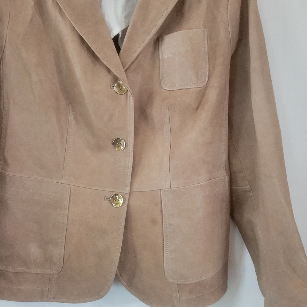 Vintage Escada Leather Jacket Luxury Lamb skin leather Beige Sz 42 - Picture 3 of 10